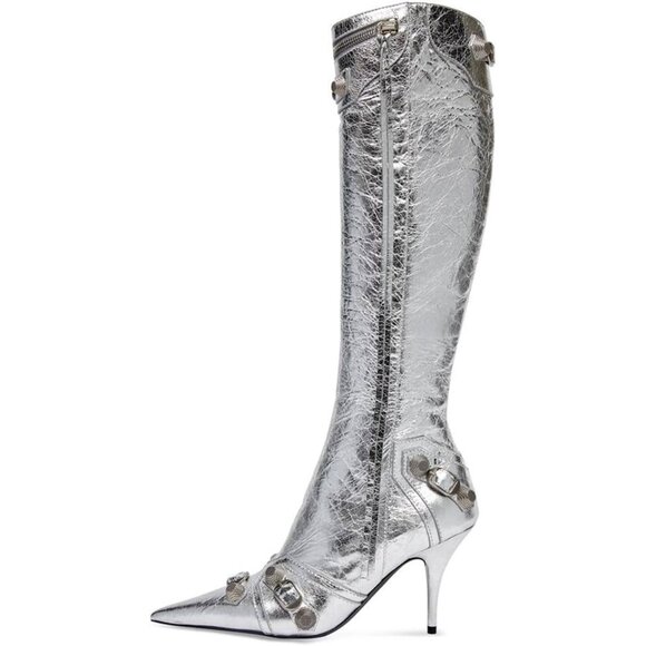 ⚡Women's Silver Stiletto Black Knee High Boot Sexy Pointed Toe Fashion High Heel - Picture 2 of 7